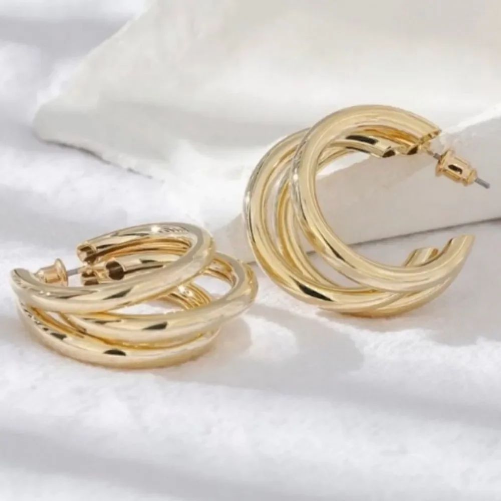 NEW Yellow Gold Three Layer Round Hoop Earrings